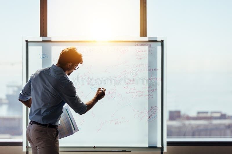 Person skriver på en whiteboard med anteckningar och skisser